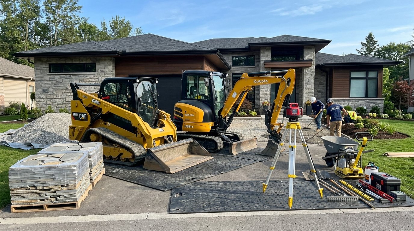 Payloader compact track loader and mini excavator with laser transit level