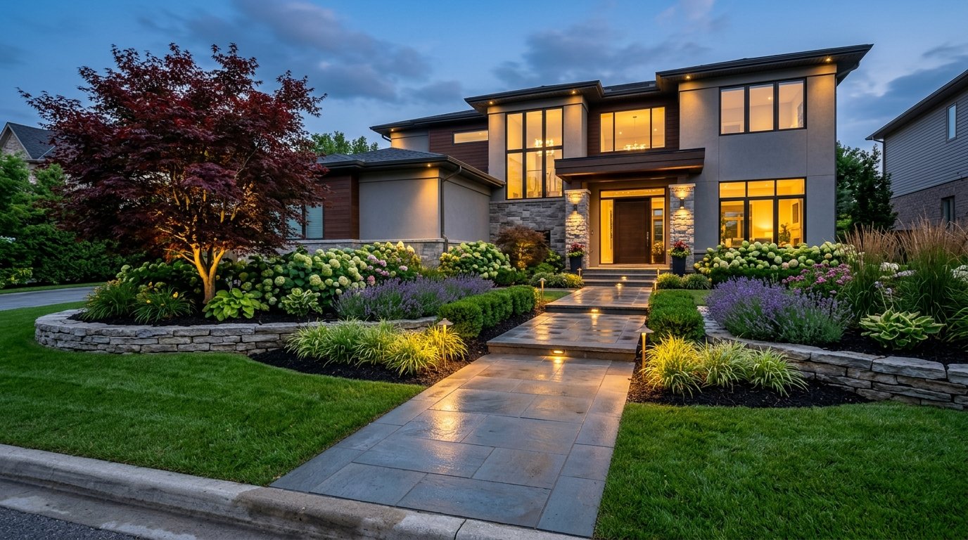 Front entry bluestone walkway with tiered garden walls and path lights
