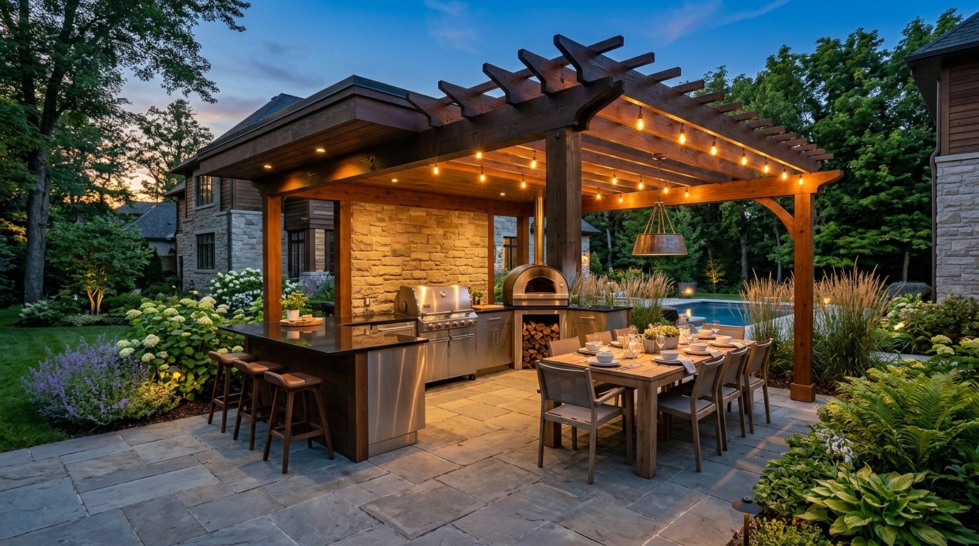 Outdoor kitchen with built-in BBQ, pizza oven, and dining terrace