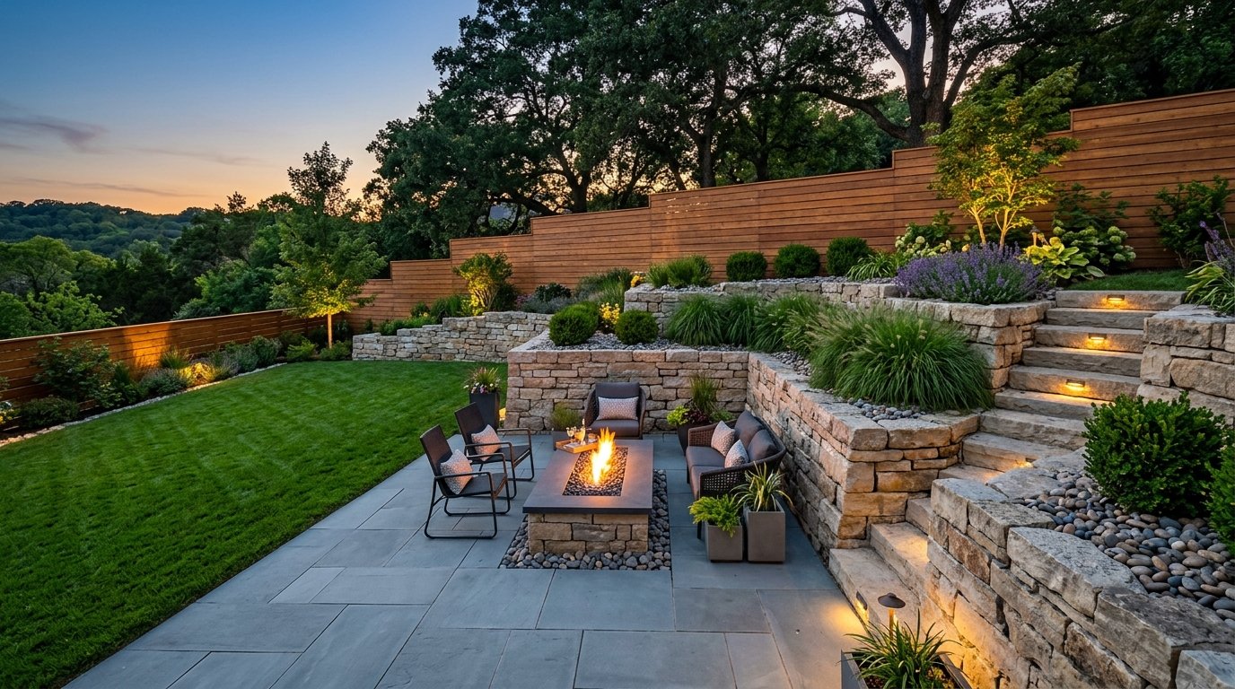 After landscape transformation showing luxury stone terrace with fire pit