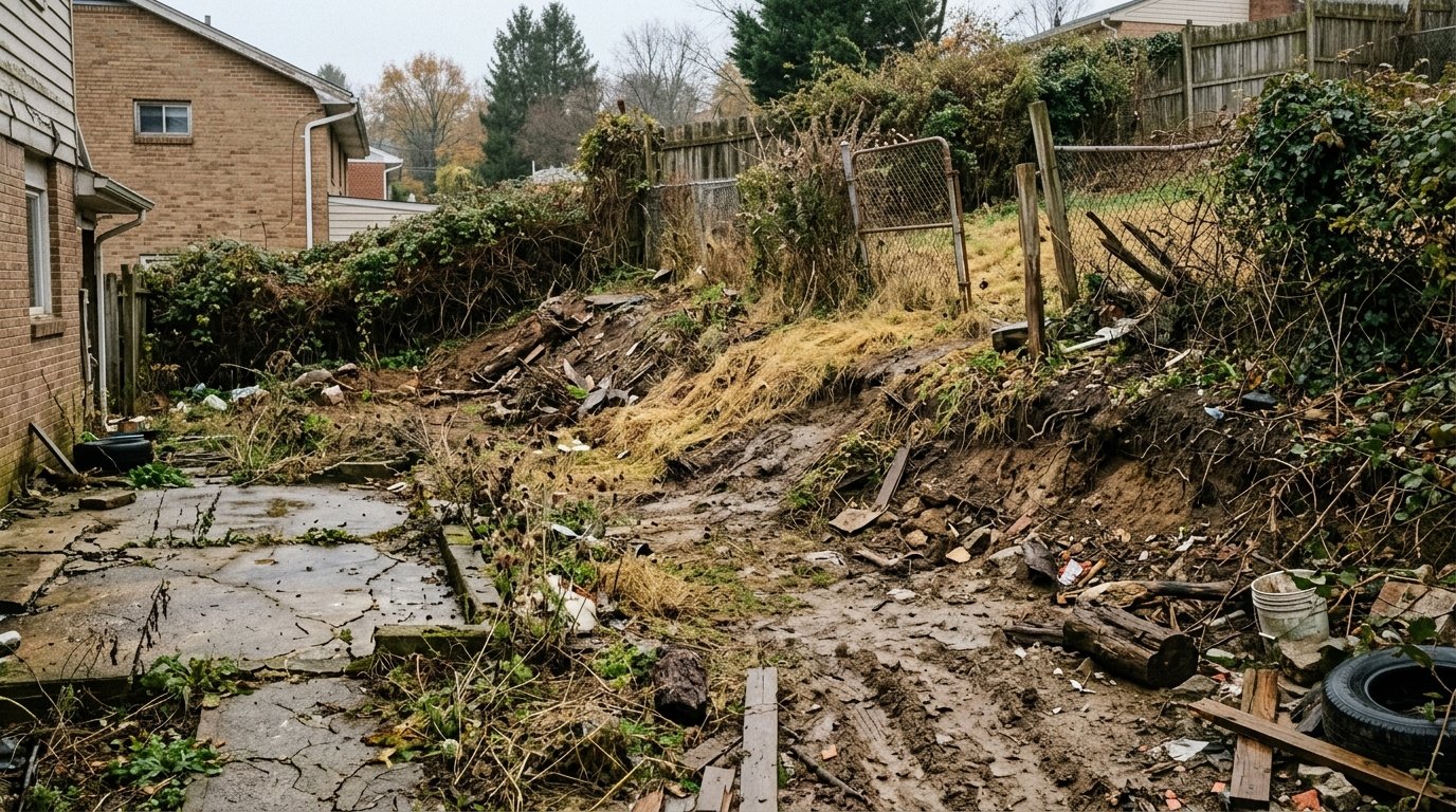 Before landscape transformation showing muddy sloped yard